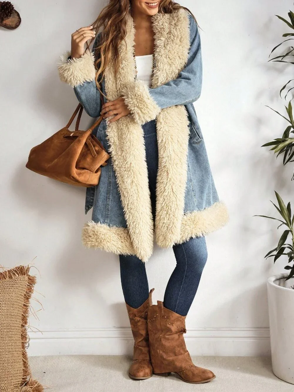 Blue Casual Women's Fuzzy Patchwork Denim Jacket